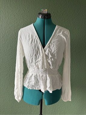 Express White Wrap Peplum Long-Sleeve Blouse